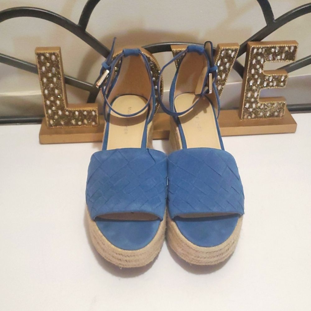 Marc Fisher Varin Blue Suede Woven Wedge Espadrille Sandals Sz 9.5 Cottagecore - Picture 3 of 12